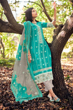 Load image into Gallery viewer, Cyan Pure Muga Silk Embroidery And Batki Print Designer Suit
