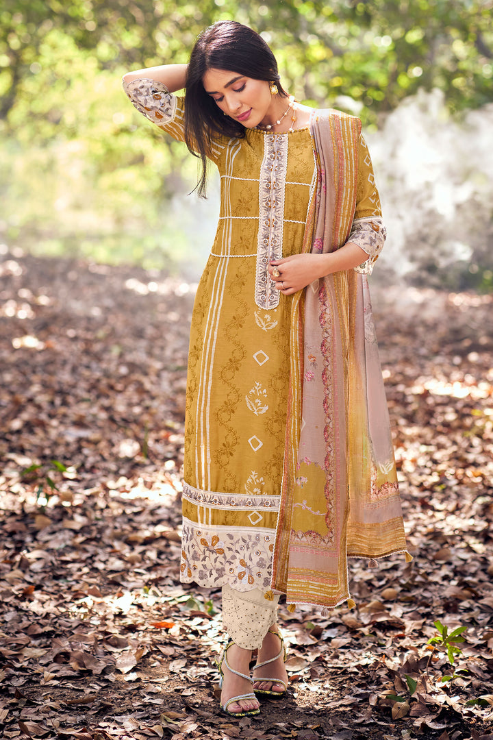 Mustard Color Pure Muga Silk Embroidery And Batki Print Designer Dress