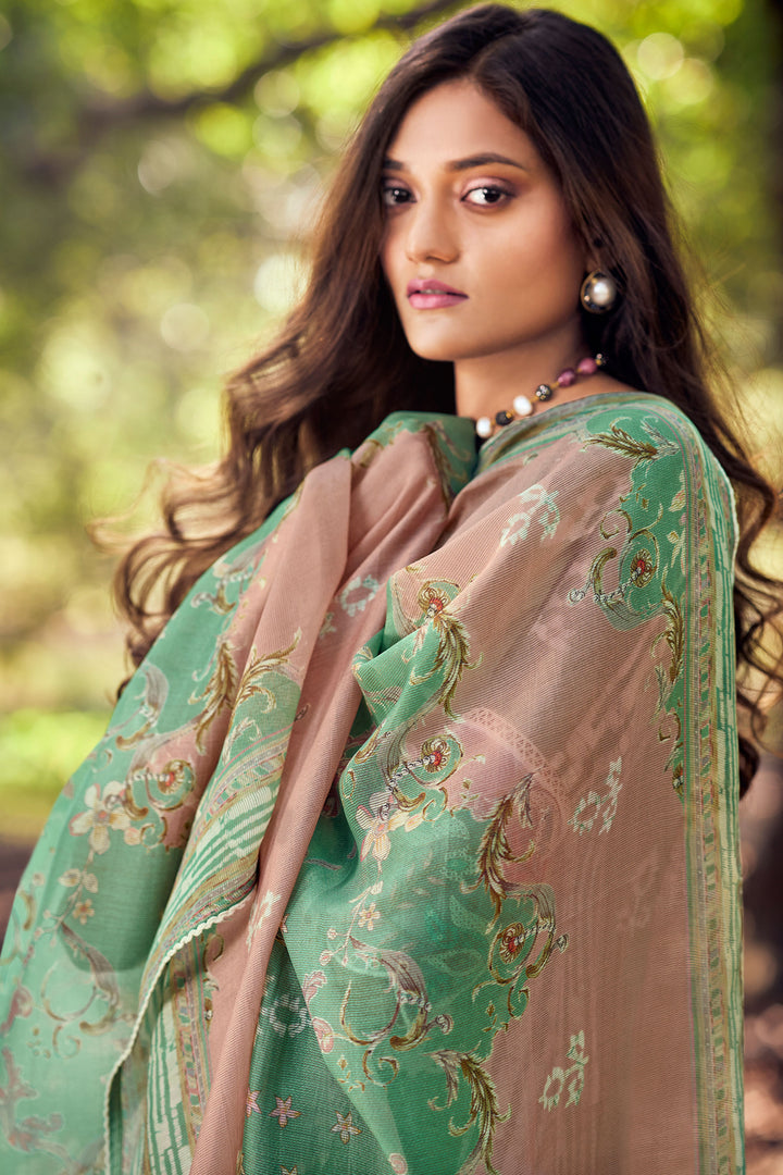 Pure Muga Silk Embroidery And Batki Print Salwar Kameez In Sea Green Color