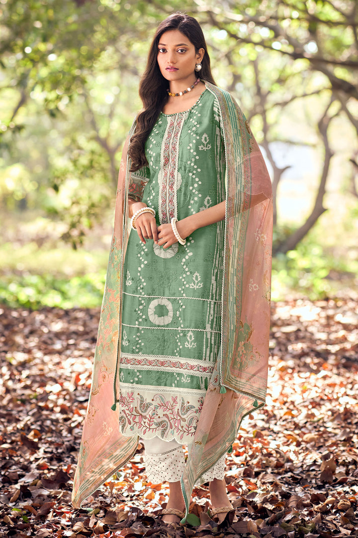 Pure Muga Silk Embroidery And Batki Print Salwar Kameez In Sea Green Color