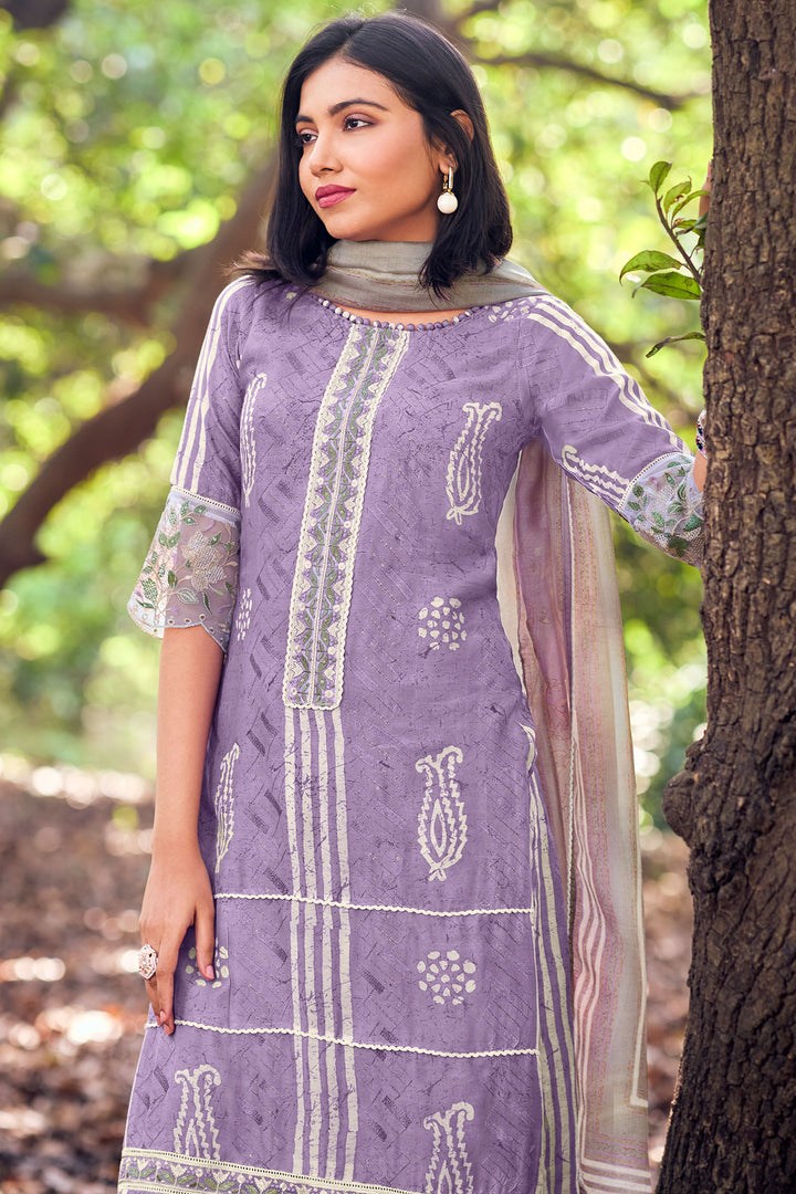 Pure Muga Silk Embroidery And Batki Print Salwar Suit In Lavender Color