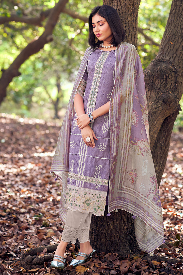 Pure Muga Silk Embroidery And Batki Print Salwar Suit In Lavender Color