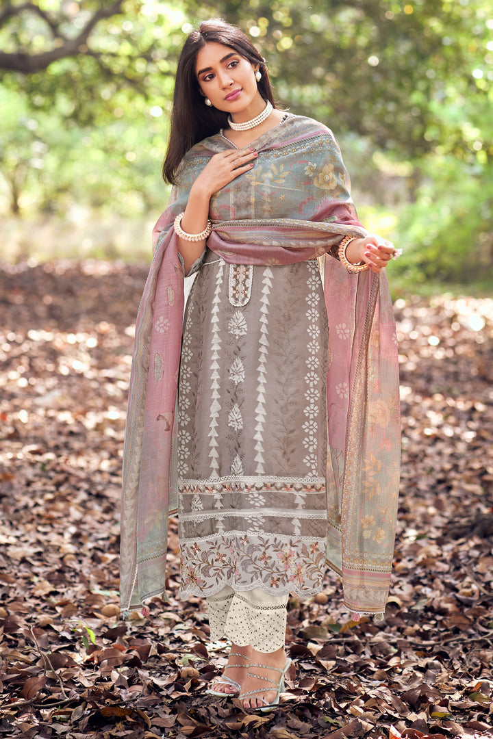 Pure Muga Silk Embroidery And Batki Print Suit In Dark Beige Color