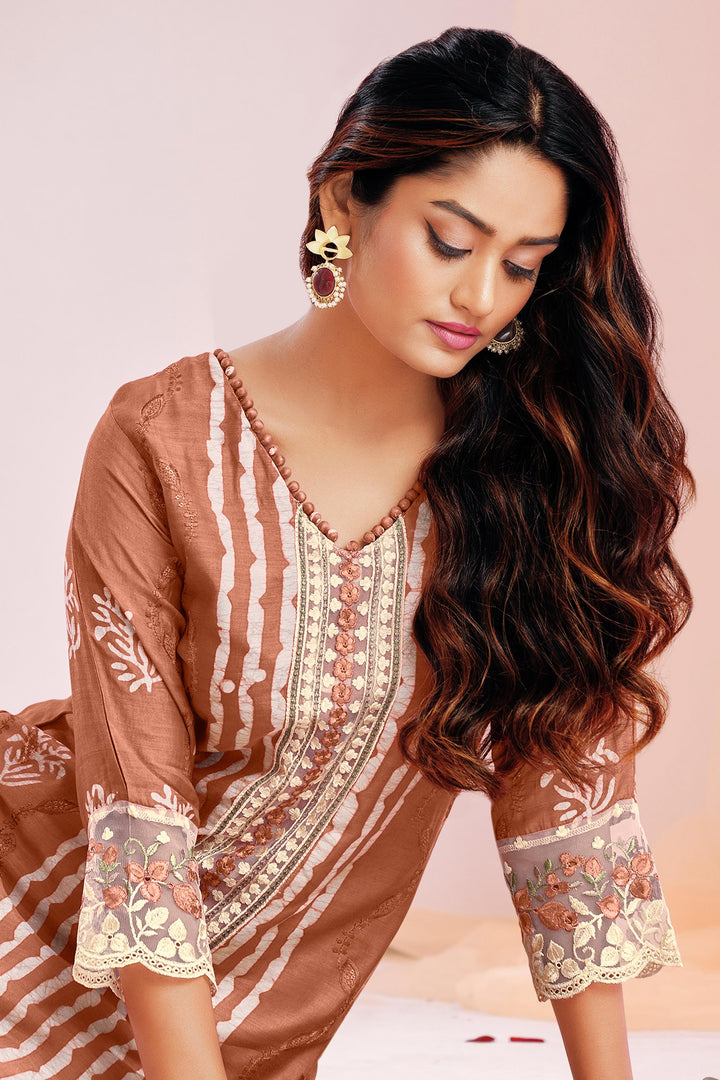 Peach Pure Moga Silk Embroidery And Batik Print Salwar Suit