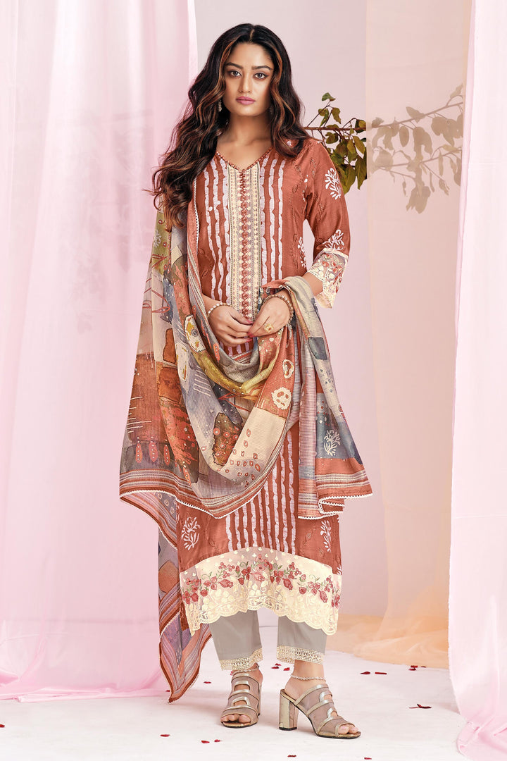 Peach Pure Moga Silk Embroidery And Batik Print Salwar Suit