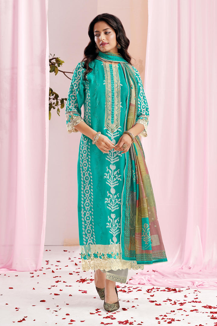 Sea Green Pure Moga Silk Embroidery And Batik Print Salwar Kameez