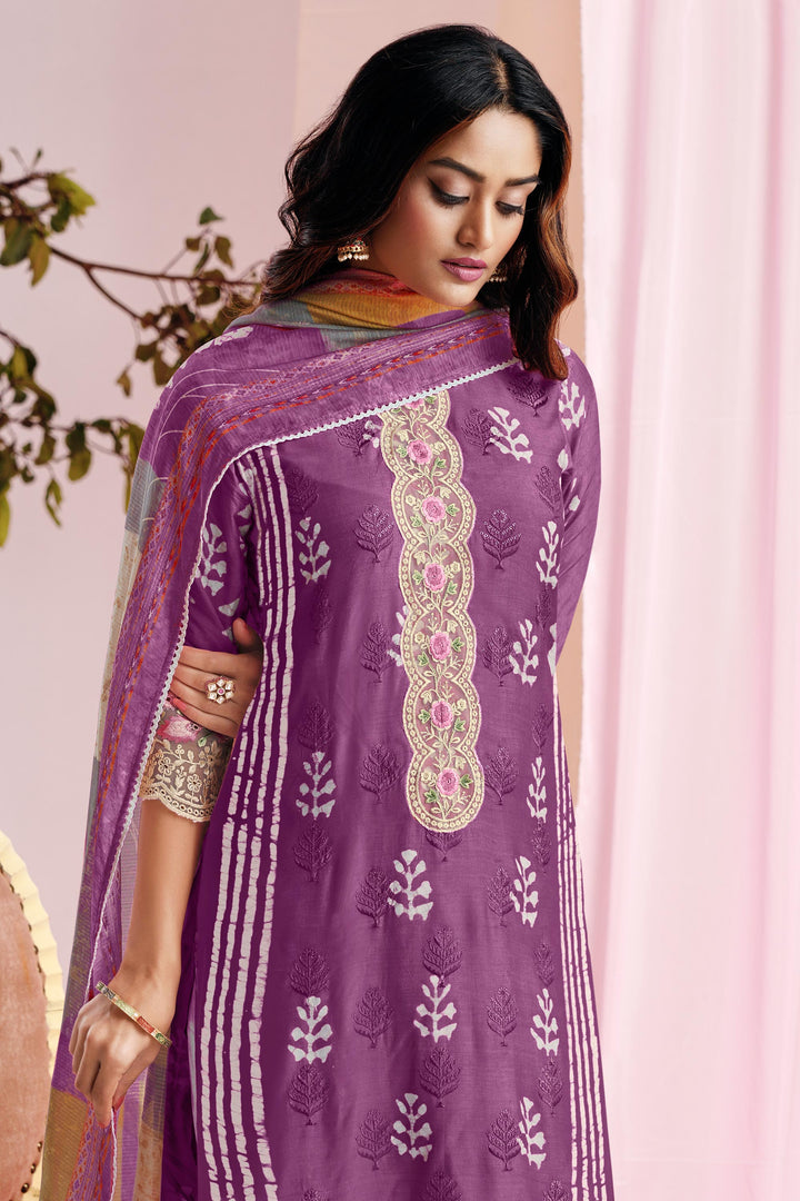 Purple Color Pure Moga Silk Embroidery And Batik Print Suit