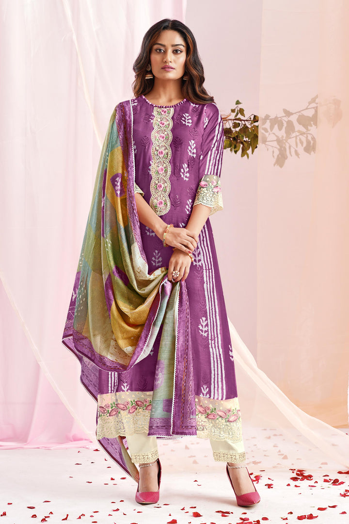 Purple Color Pure Moga Silk Embroidery And Batik Print Suit