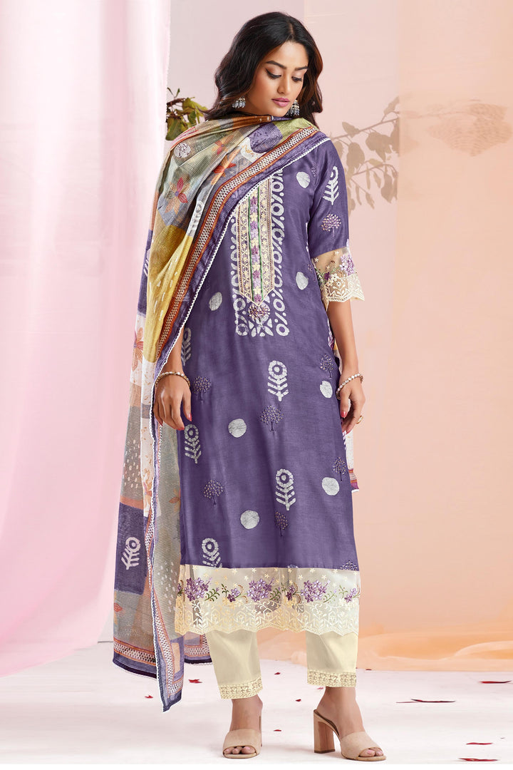 Blue Color Pure Moga Silk Embroidery And Batik Print Dress