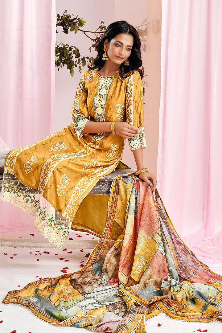 Yellow Color Pure Moga Silk Embroidery And Batik Print Salwar Kameez