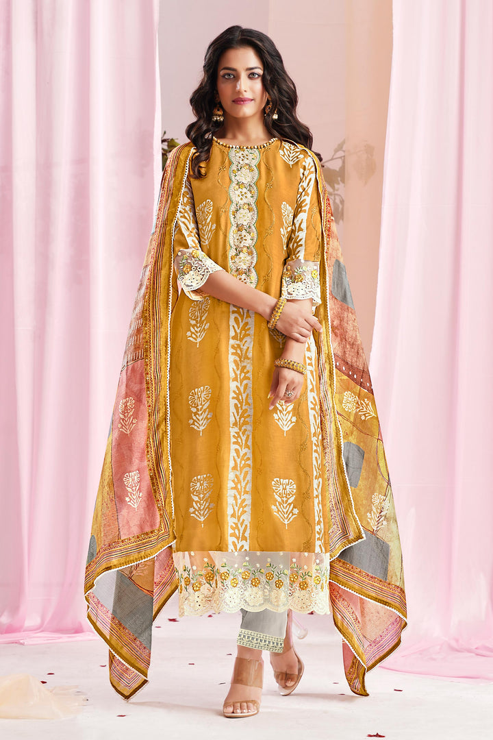 Yellow Color Pure Moga Silk Embroidery And Batik Print Salwar Kameez