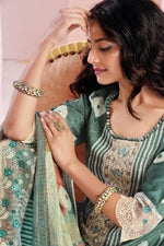 Load image into Gallery viewer, Green Color Pure Moga Silk Embroidery And Batik Print Salwar Suit
