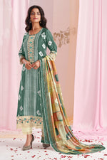 Load image into Gallery viewer, Green Color Pure Moga Silk Embroidery And Batik Print Salwar Suit
