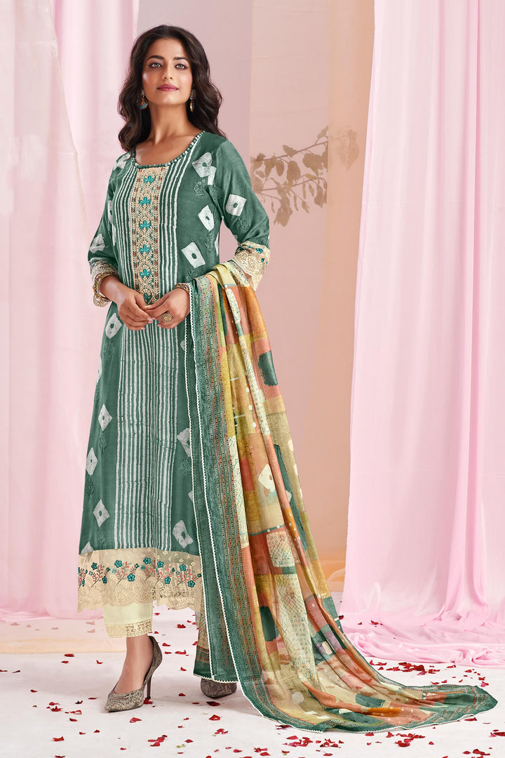 Green Color Pure Moga Silk Embroidery And Batik Print Salwar Suit