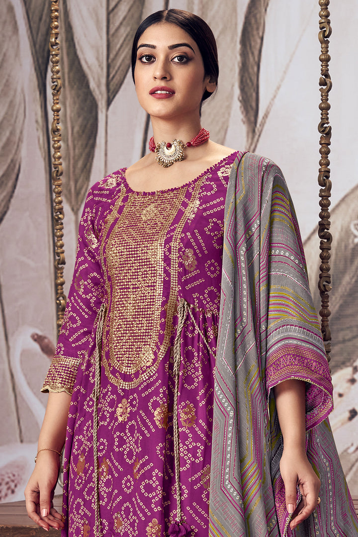 Purple Pure Moga Silk Jacquard Digital Bandhani Print Designer Salwar Kameez