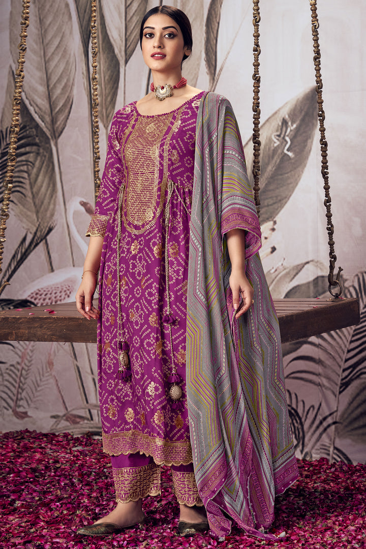 Purple Pure Moga Silk Jacquard Digital Bandhani Print Designer Salwar Kameez
