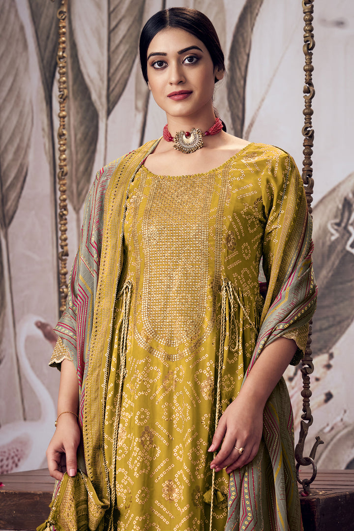 Green Pure Moga Silk Jacquard Digital Bandhani Print Designer Salwar Suit