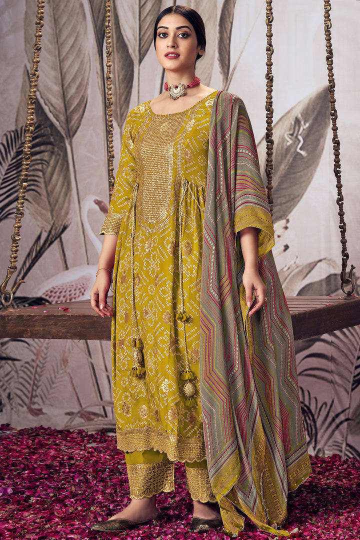 Green Pure Moga Silk Jacquard Digital Bandhani Print Designer Salwar Suit