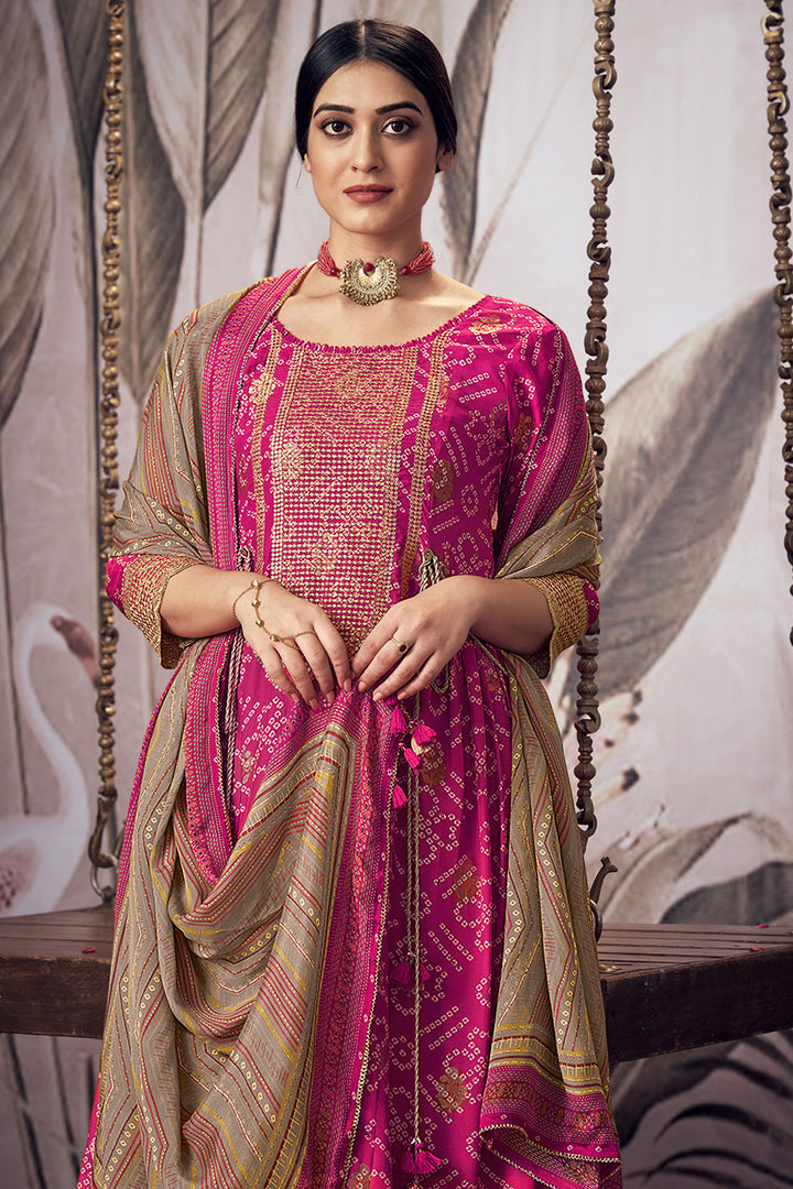 Magenta Pure Moga Silk Jacquard Digital Bandhani Print Designer Suit