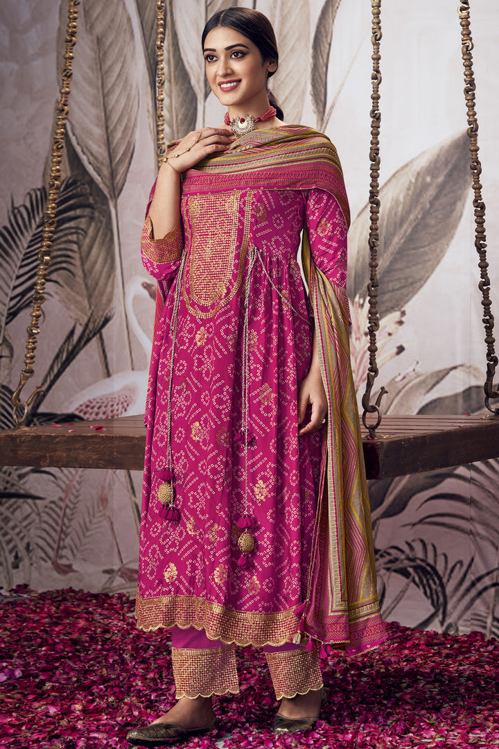 Magenta Pure Moga Silk Jacquard Digital Bandhani Print Designer Suit