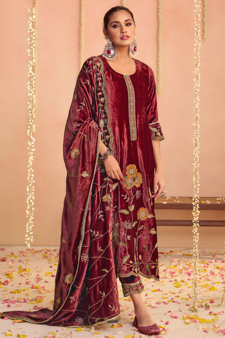 Pure Viscose Velvet With Embroidery Work Designer Salwar Kameez