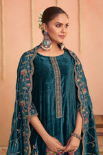 Load image into Gallery viewer, Teal Blue Pure Viscose Velvet With Embroidery Work Designer Salwar Suit
