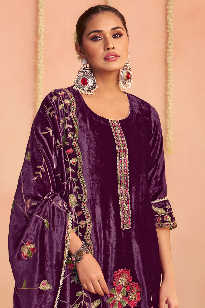 Purple Pure Viscose Velvet With Embroidery Work Designer Suit