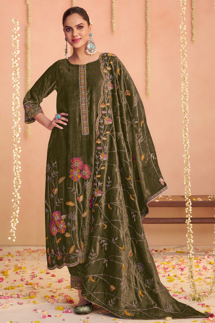 Green Pure Viscose Velvet With Embroidery Work Designer Dress