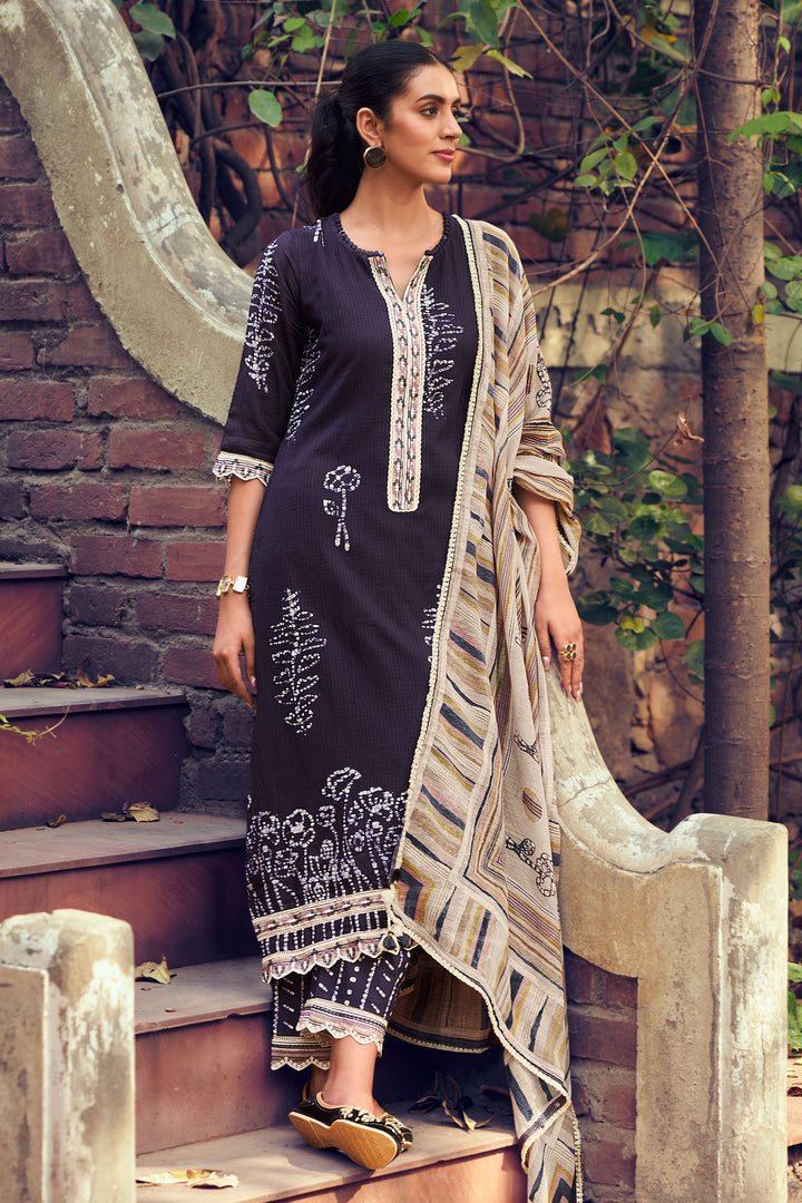 Navy Blue Pure Kota Checks Hand Block Print Salwar Kameez