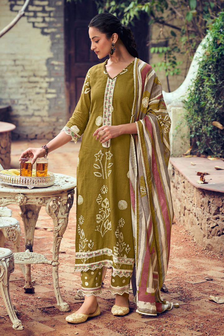 Green Pure Kota Checks Hand Block Print Salwar Suit