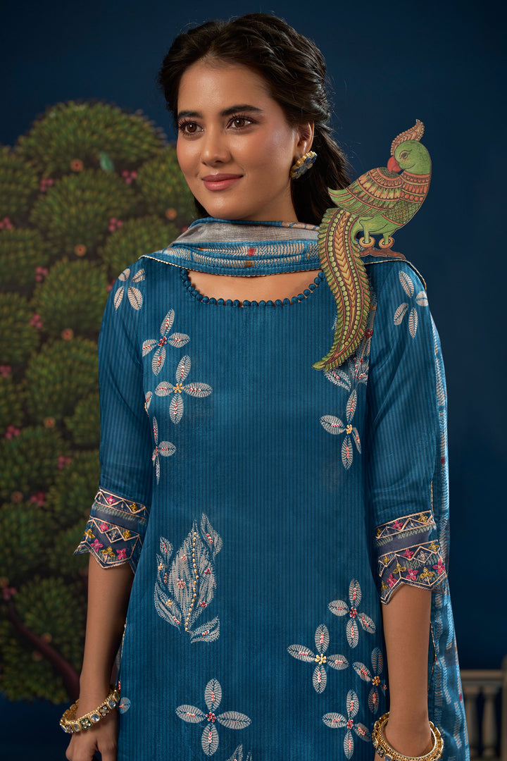 Pure Premium Corduroy Digital Print Salwar Kameez In Teal Color