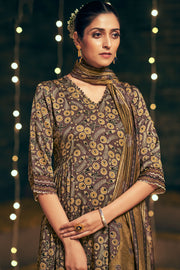 Brown Pure Ajrak Print On Pure Modal Silk Salwar Kameez With Mukaish Work