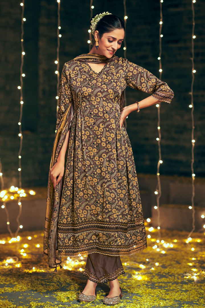 Brown Pure Ajrak Print On Pure Modal Silk Salwar Kameez With Mukaish Work