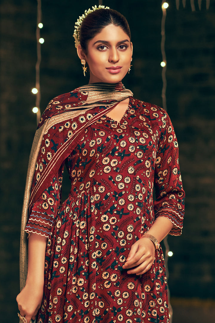 Maroon Pure Ajrak Print On Pure Modal Silk Salwar Suit With Mukaish Work