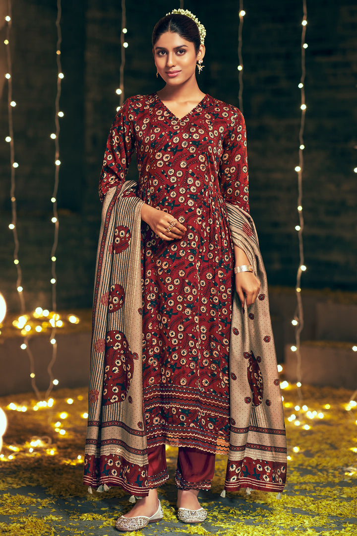 Maroon Pure Ajrak Print On Pure Modal Silk Salwar Suit With Mukaish Work