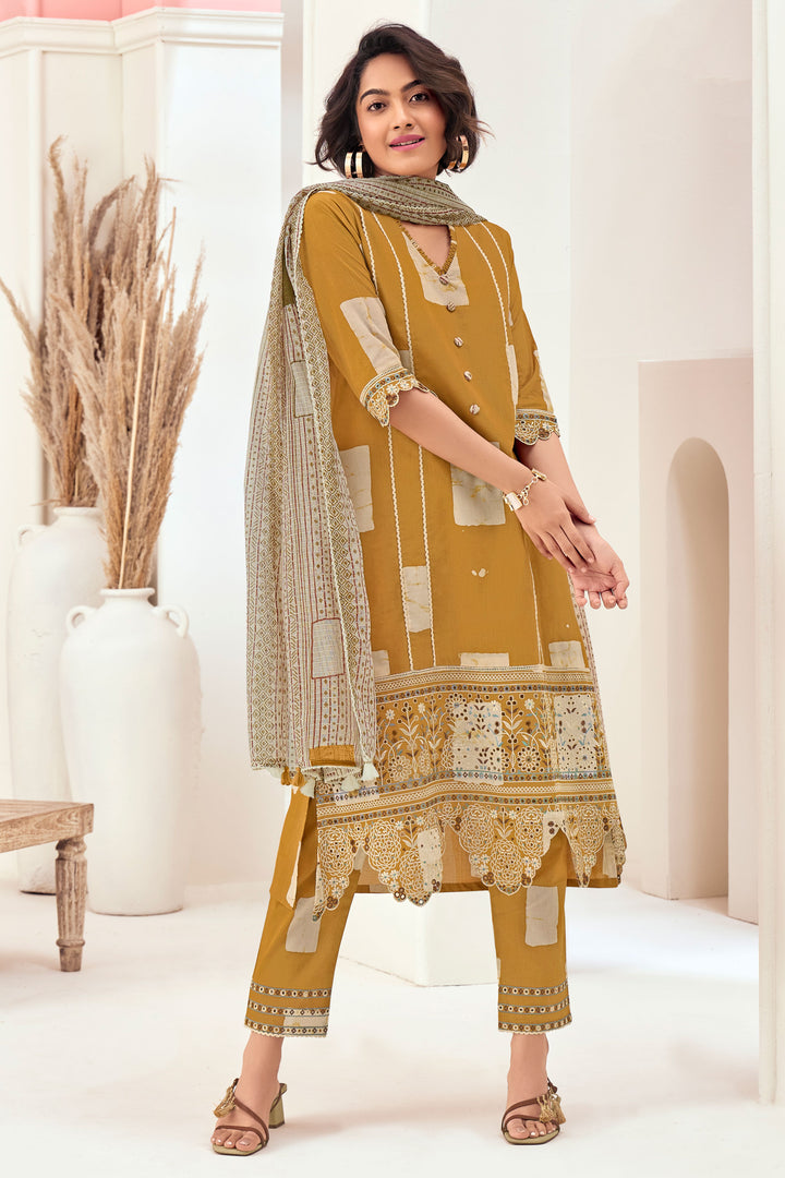 Mustard Color Pure Cotton Hand Block Print With Embroidery Salwar Suit