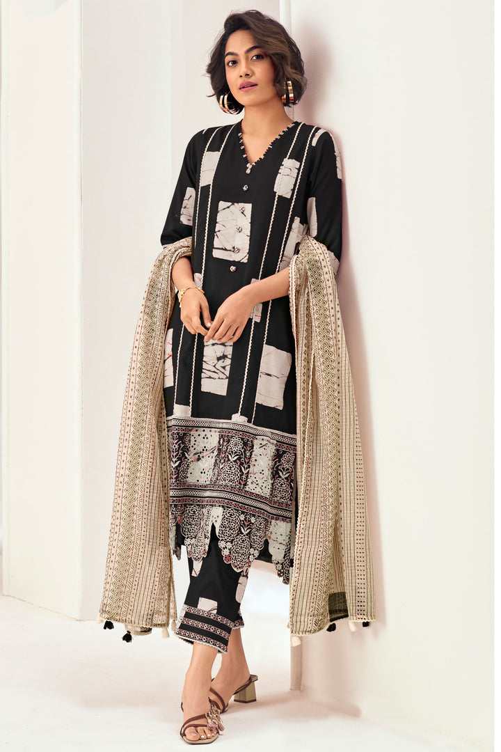 Black Pure Cotton Hand Block Print With Embroidery Suit