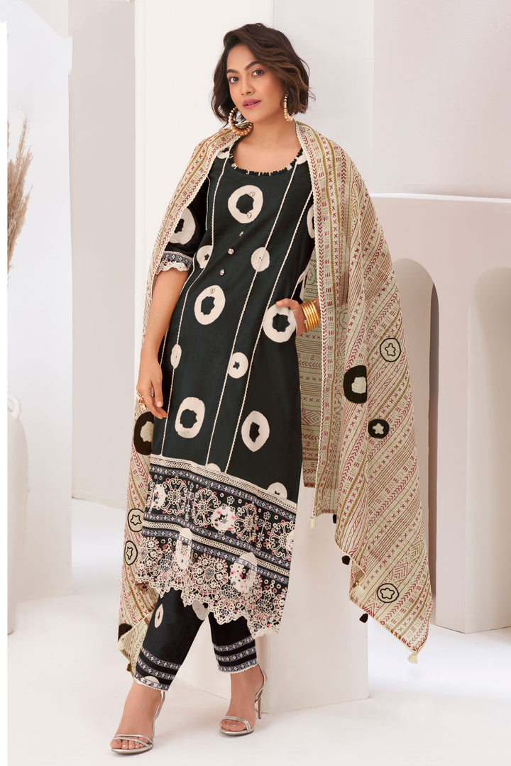 Pure Cotton Hand Block Print With Embroidery Work Suit In Black Color