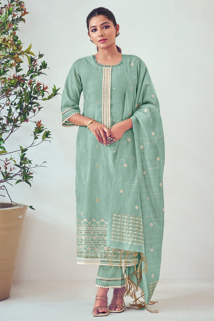 Sea Green South Cotton Top Dyed Jacquard Print Casual Salwar Kameez