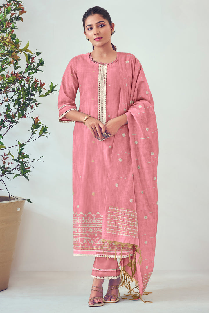 Pink Color South Cotton Top Dyed Jacquard Print Casual Suit