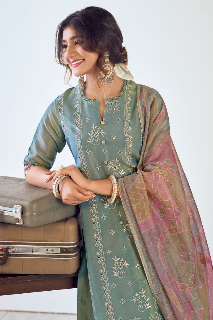 Pure Tissue With Fancy Placement Embroidery Work Designer Long Salwar Kameez