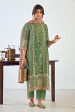 Load image into Gallery viewer, Green Pure Tissue With Fancy Placement Embroidery Work Designer Long Suit
