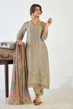 Load image into Gallery viewer, Pure Tissue With Fancy Placement Embroidery Work Designer Long Salwar Kameez In Beige Color
