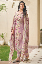 Load image into Gallery viewer, Lavender Pure Moga Silk Embroidered Digital Print Salwar Suit
