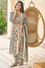 Load image into Gallery viewer, Grey Pure Moga Silk Embroidered Digital Print Dress

