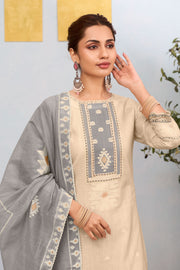 Beige South Cotton Jacquard Salwar Suit With Dupatta