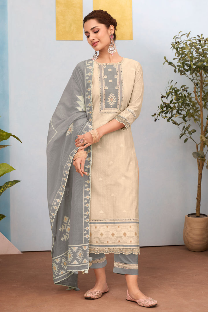 Beige South Cotton Jacquard Salwar Suit With Dupatta