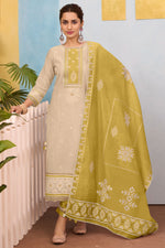 Load image into Gallery viewer, Trendy Beige Straight Cut South Cotton Salwar Suit With Lace Work