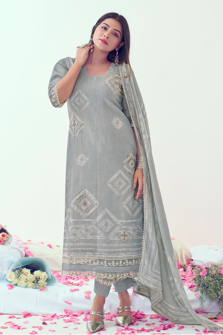 Grey Color Pure Linen Digital Print With Handwork Casual Salwar Kameez