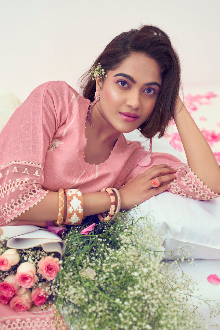 Pink Pure Linen Digital Print With Handwork Casual Salwar Suit